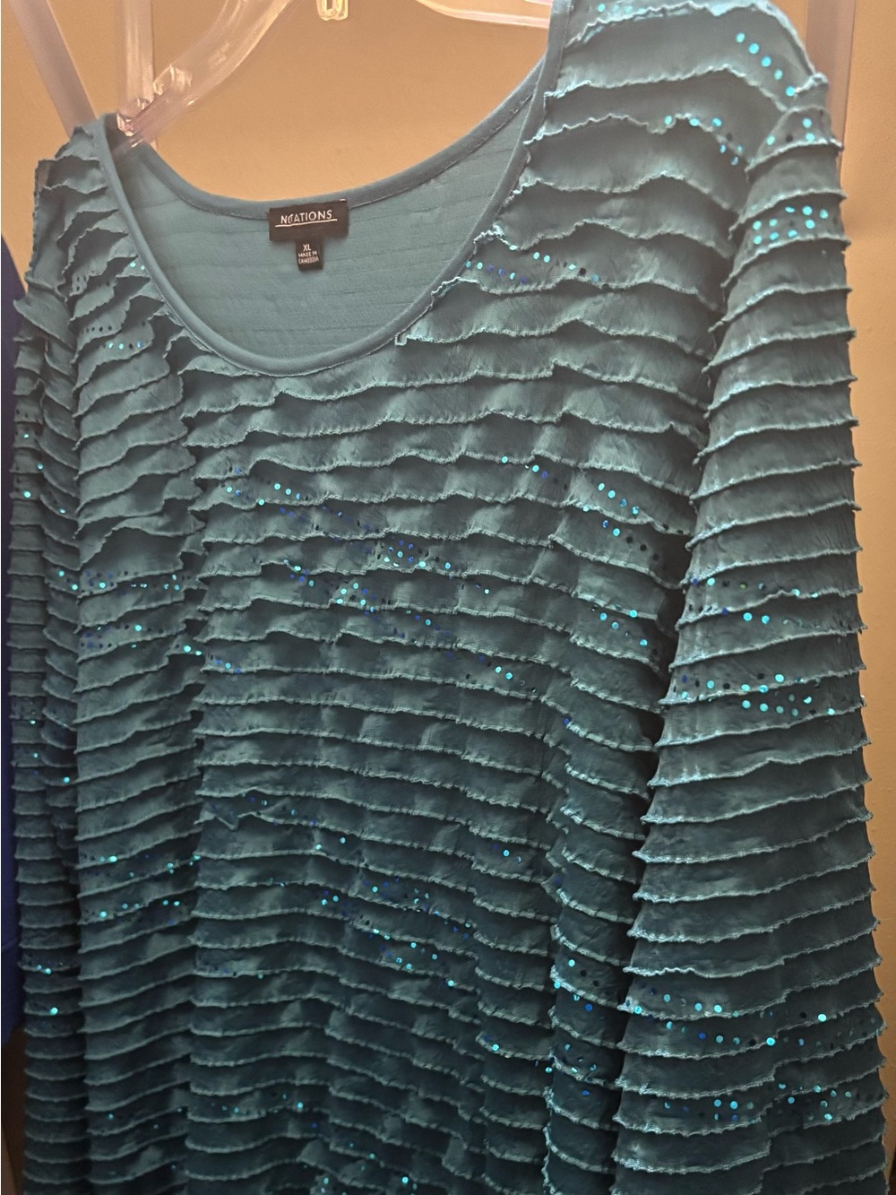 Notations Teal Blue Ruffled Sequin Scoop Neck Blouse